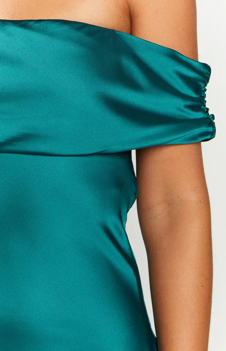 Primrose Teal Satin Off the Shoulder Mini Dress