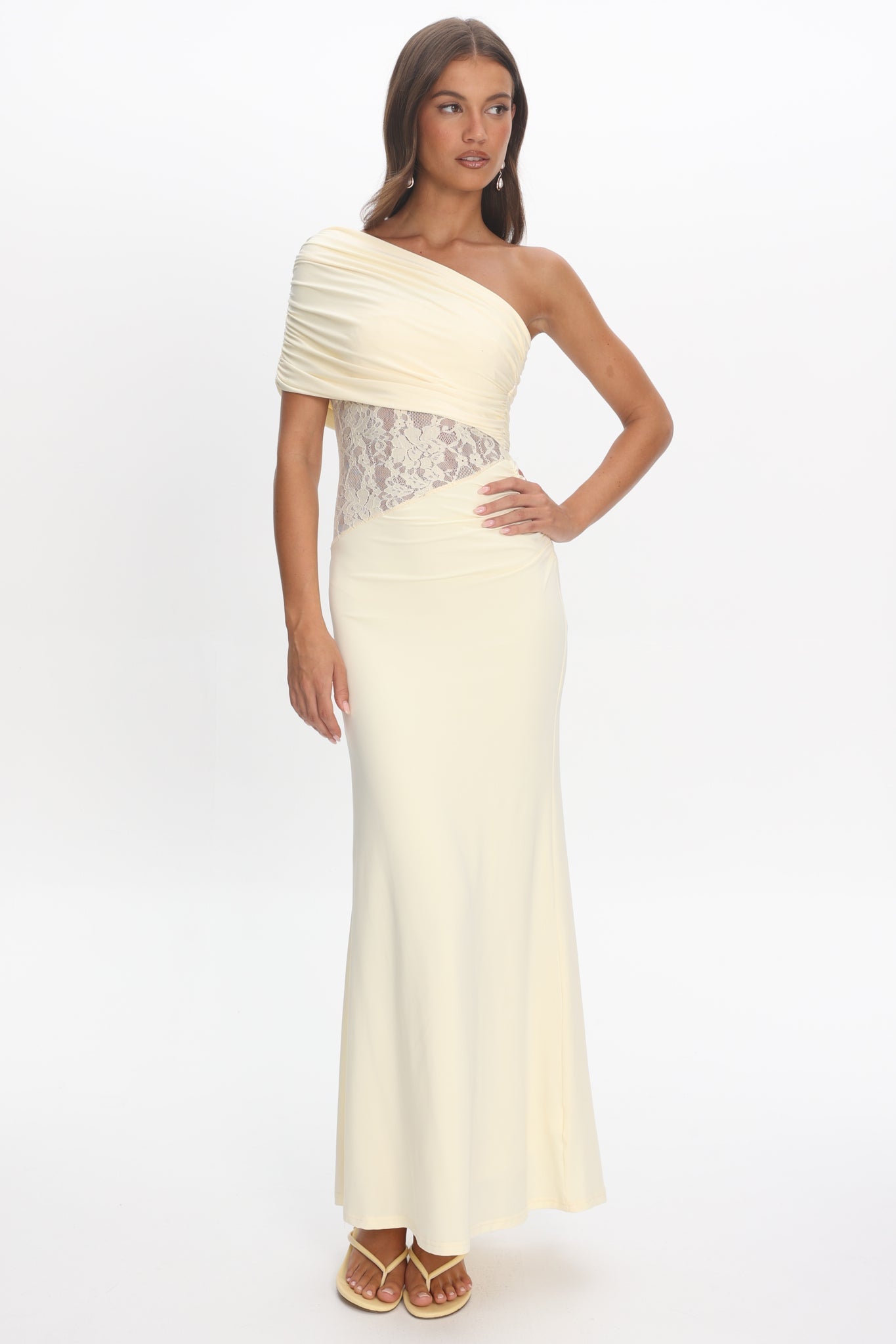 Mallorca Asymmetric Neckline Lace Maxi Dress Butter