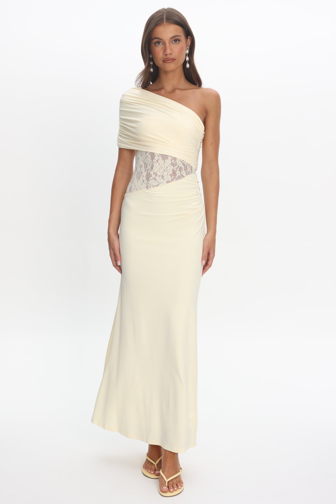 Mallorca Asymmetric Neckline Lace Maxi Dress Butter