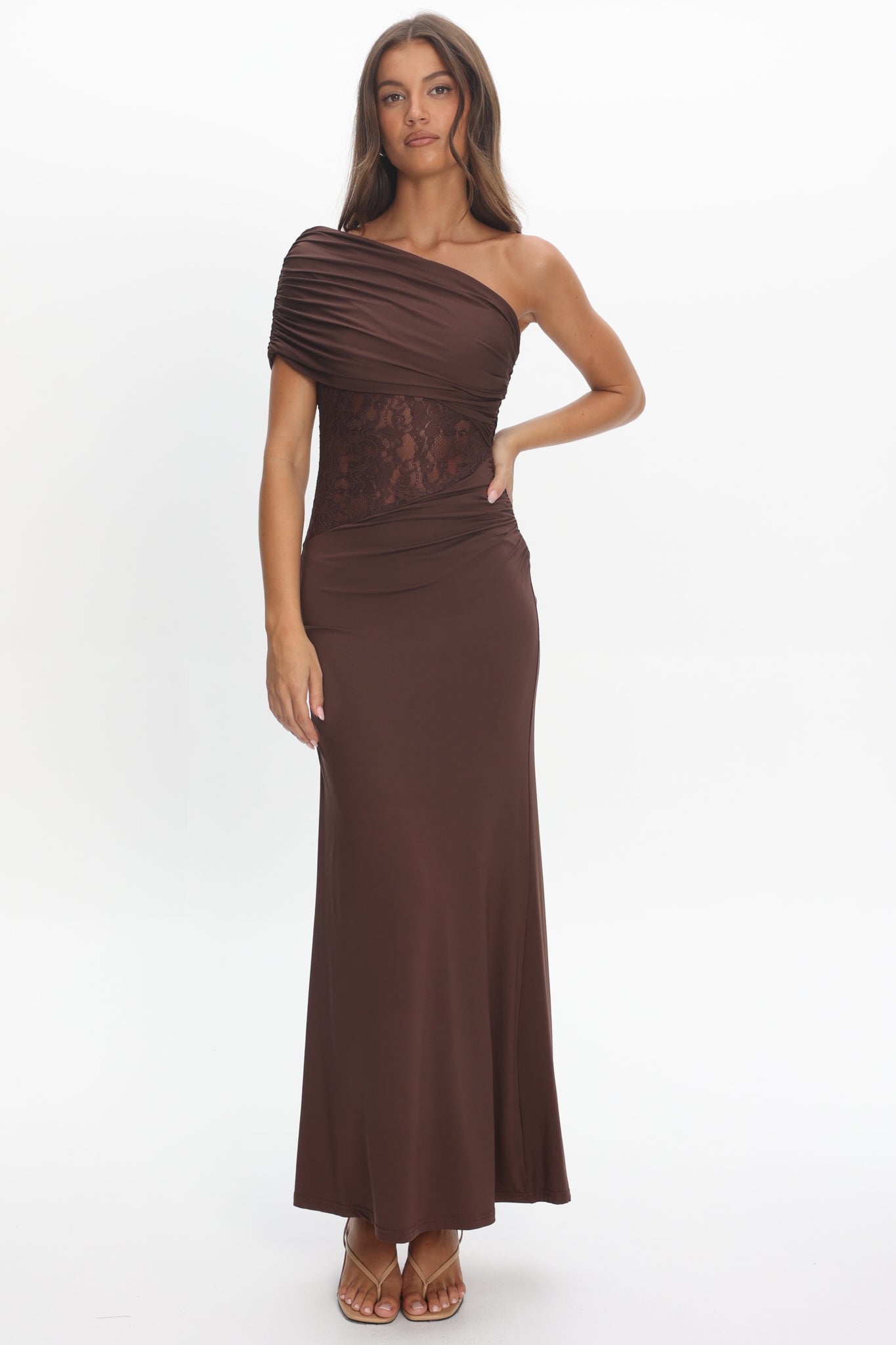 Mallorca Asymmetric Neckline Lace Maxi Dress Chocolate