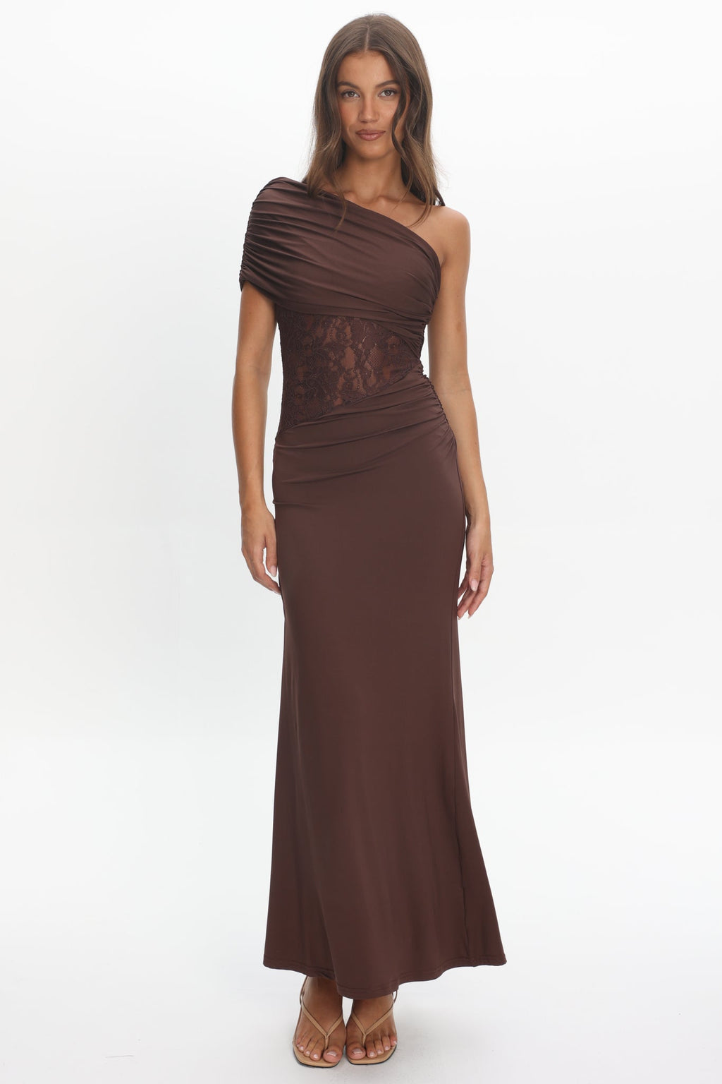Mallorca Asymmetric Neckline Lace Maxi Dress Chocolate