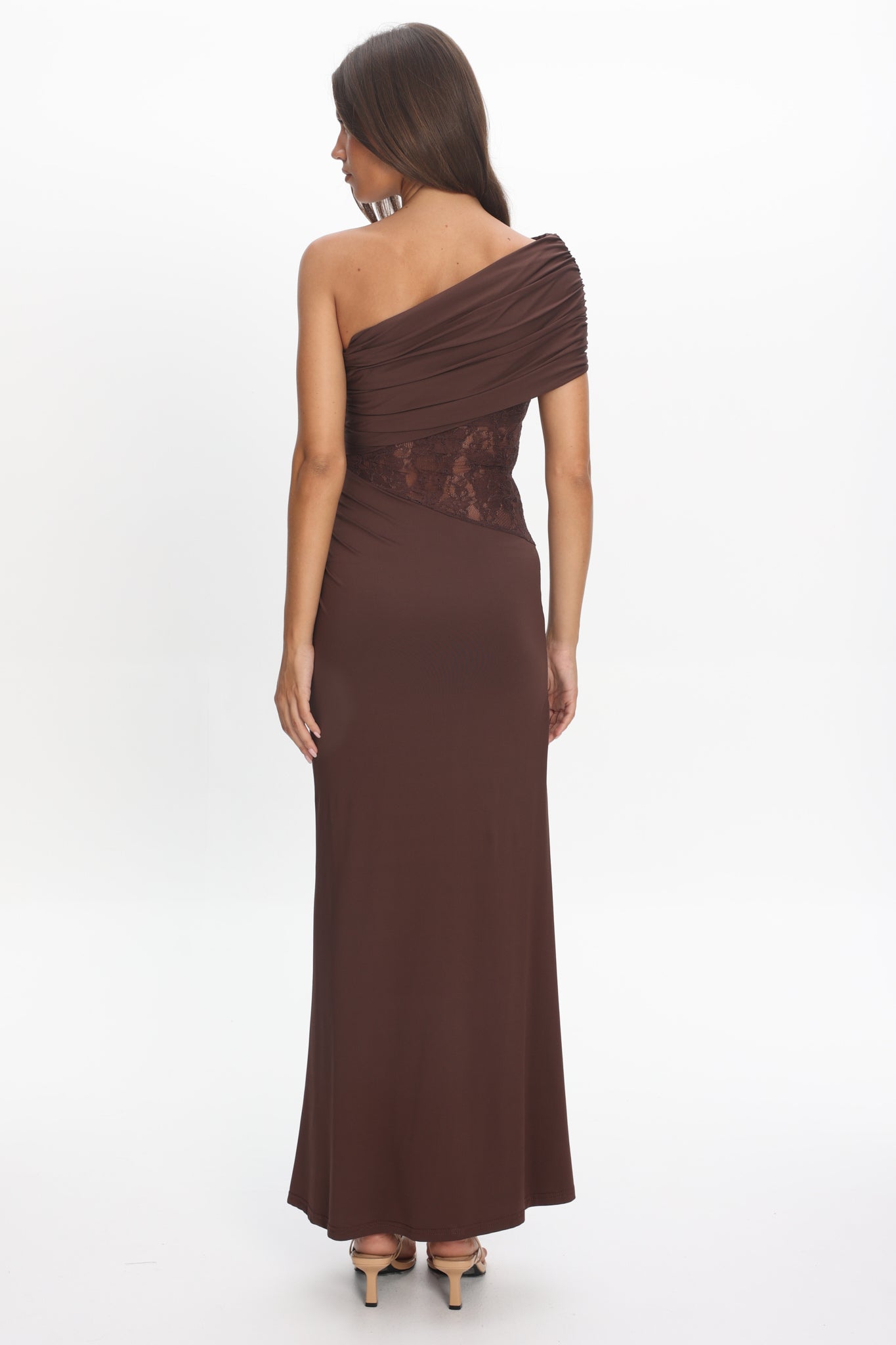 Mallorca Asymmetric Neckline Lace Maxi Dress Chocolate