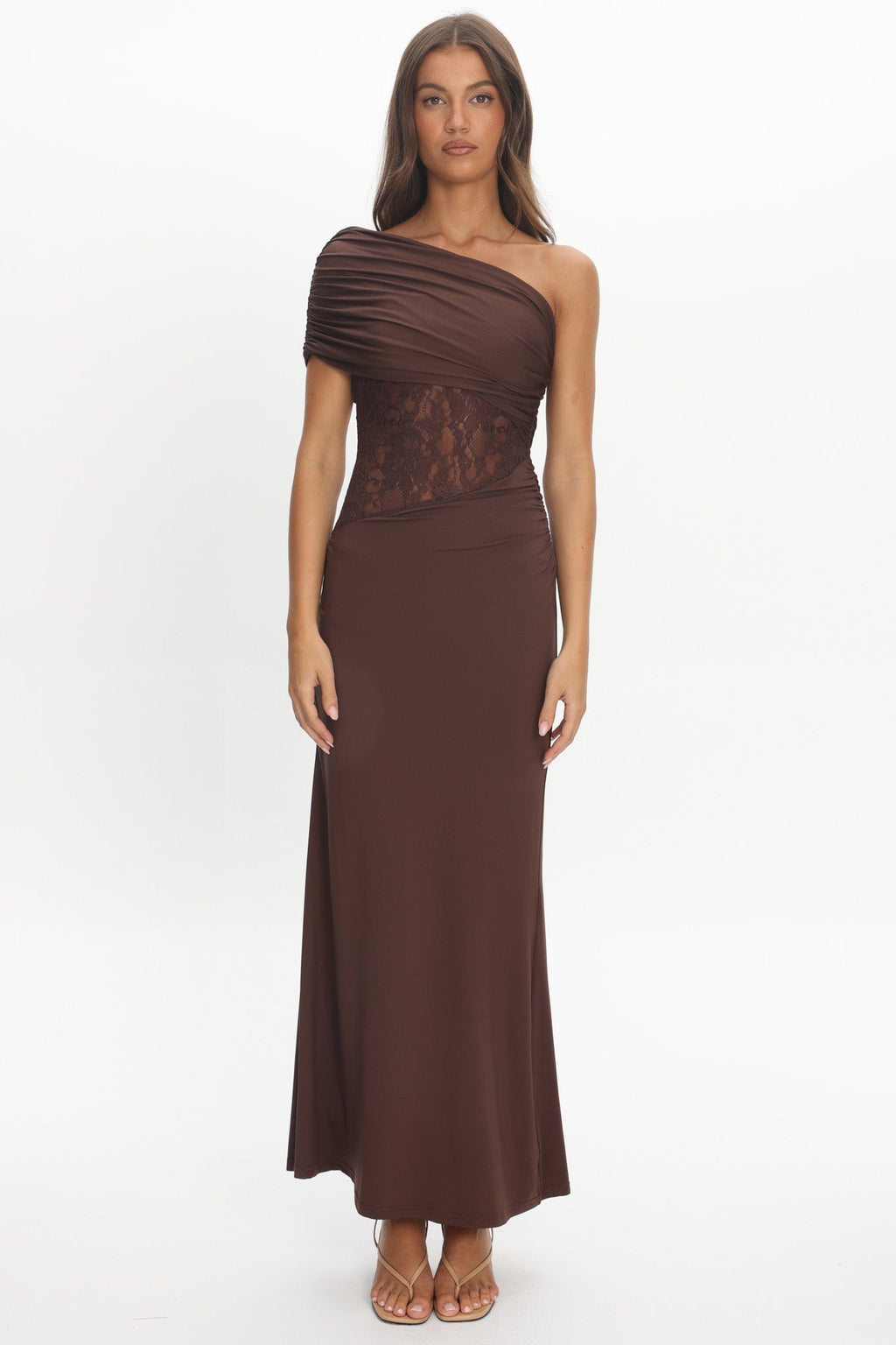 Mallorca Asymmetric Neckline Lace Maxi Dress Chocolate