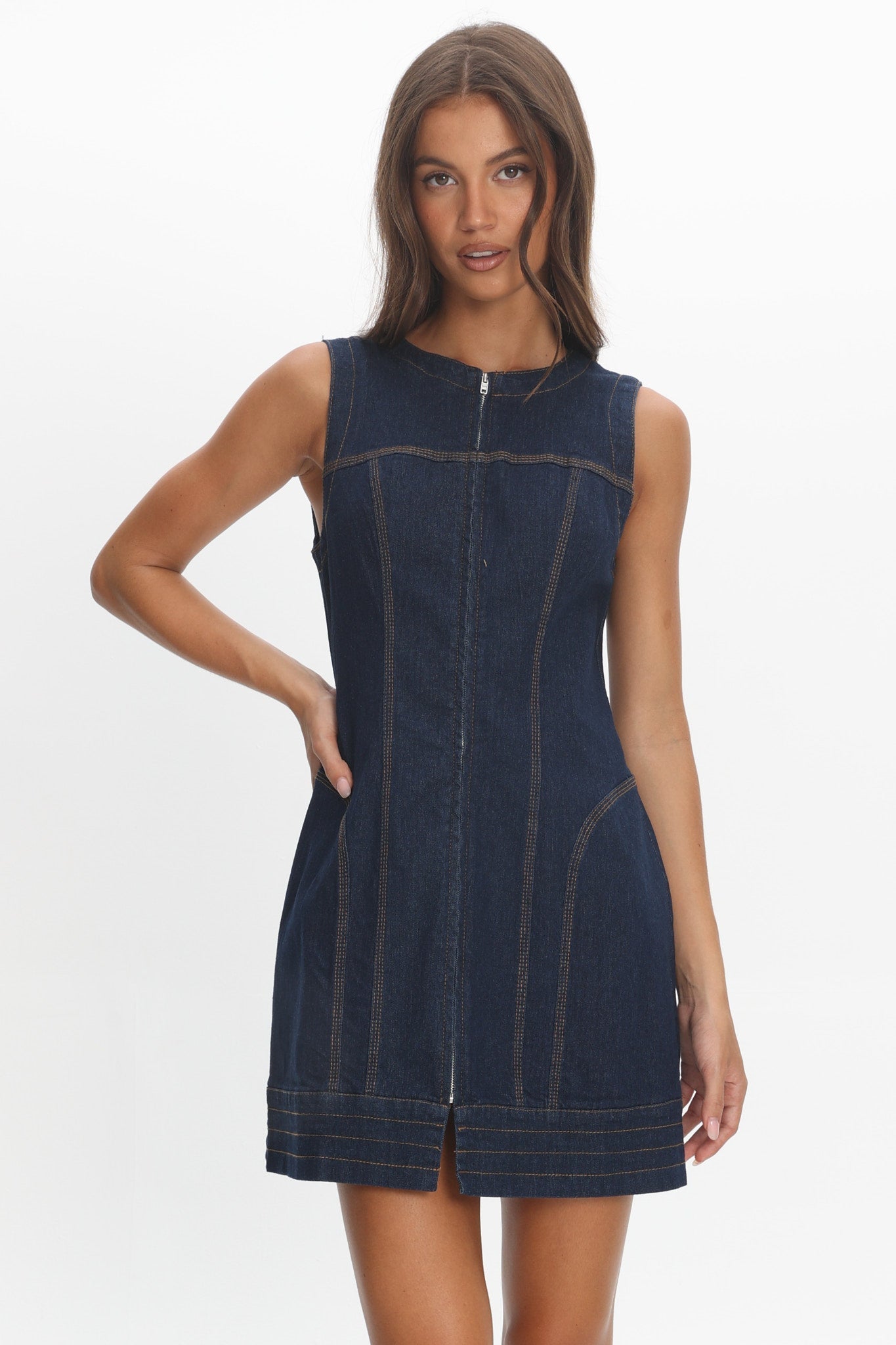 She's From Texas Zipper Front Mini Dress Indigo