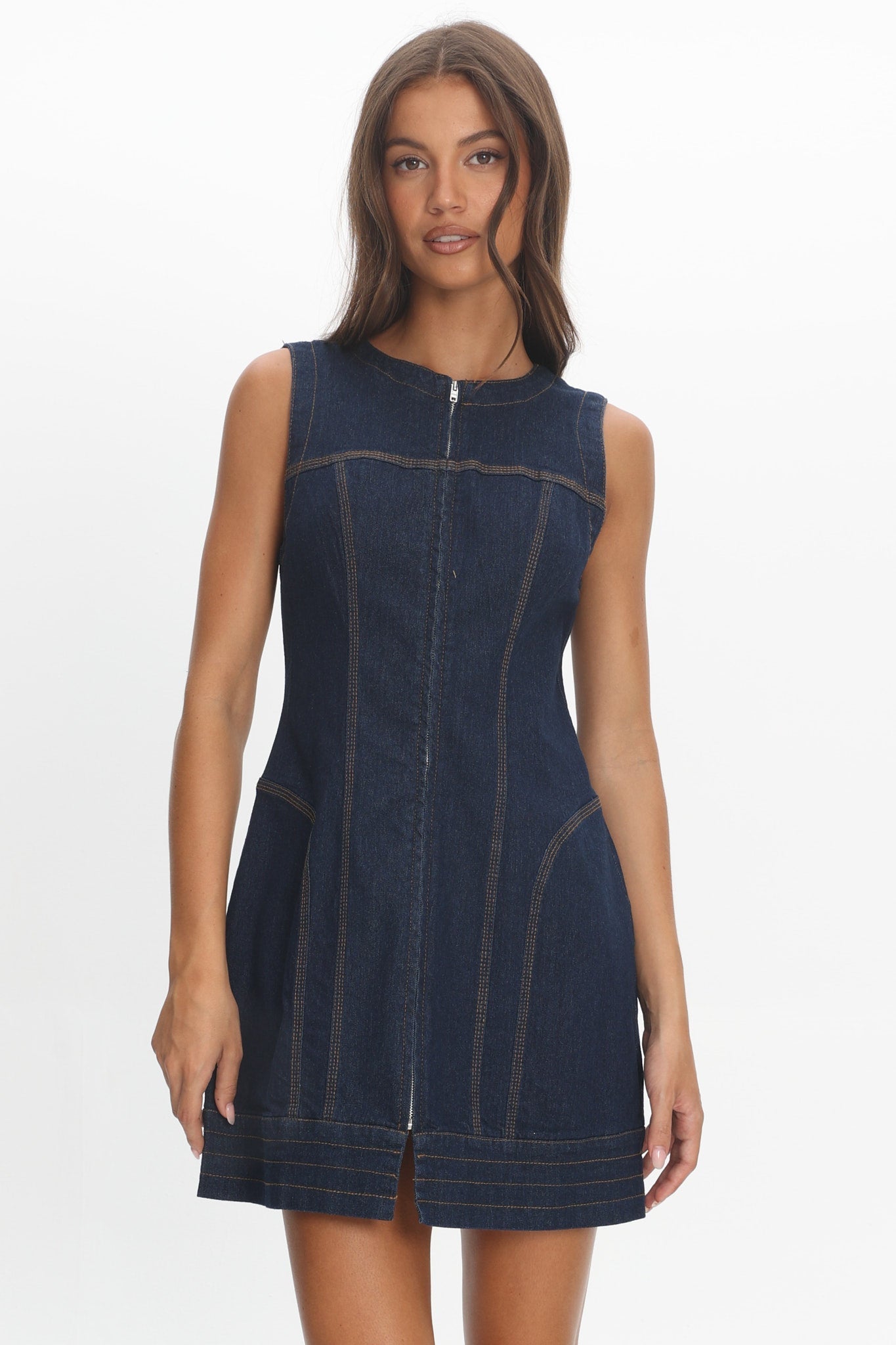 She's From Texas Zipper Front Mini Dress Indigo