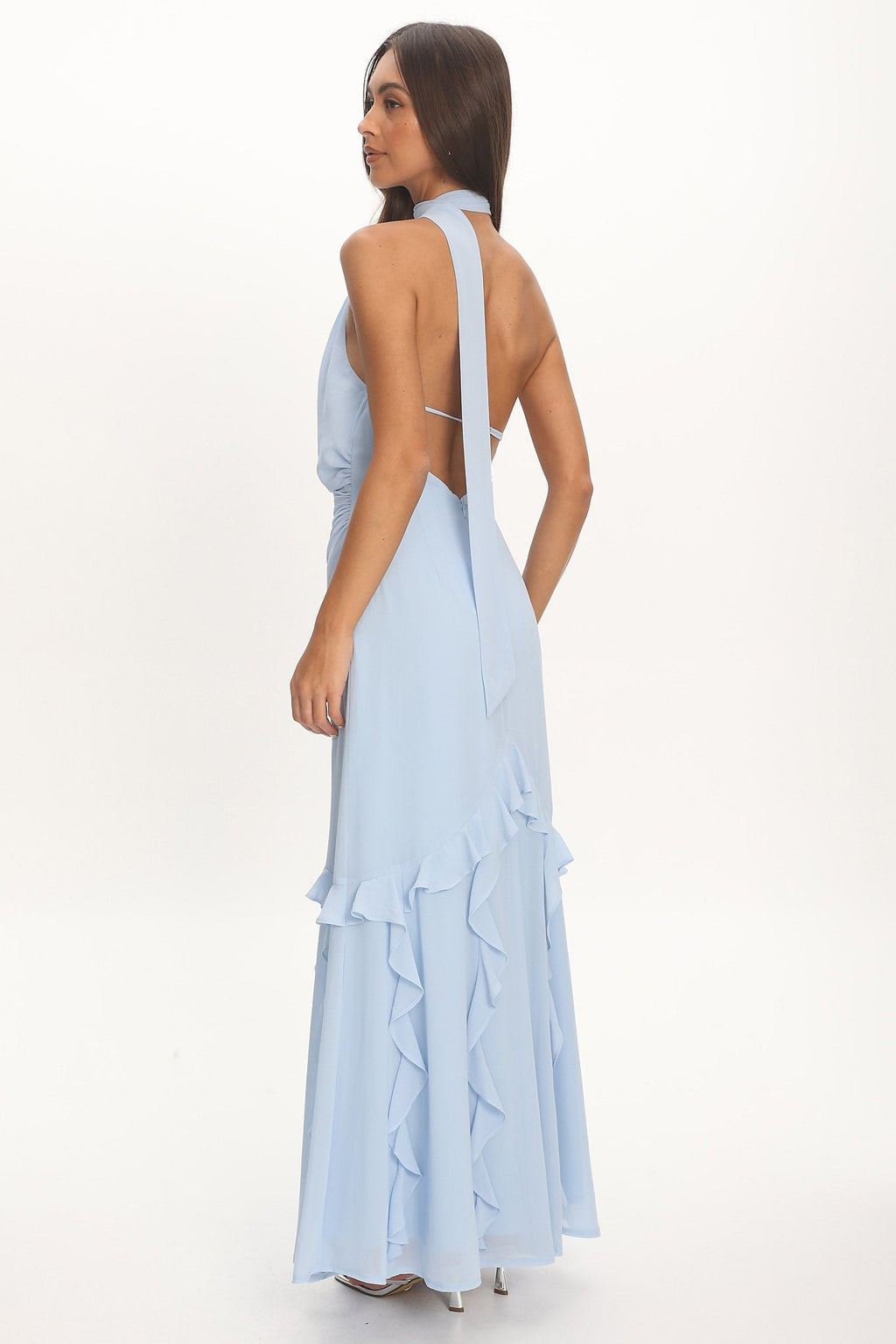 Lorielle One-Shoulder Ruffle Trim Maxi Dress Blue