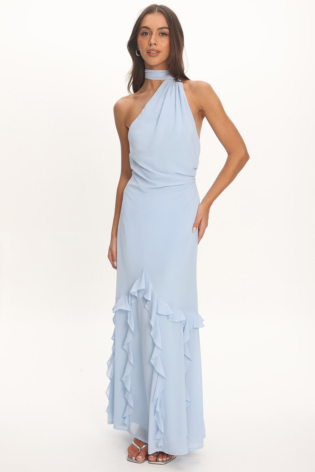 Lorielle One-Shoulder Ruffle Trim Maxi Dress Blue