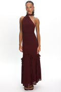Lorielle One-Shoulder Ruffle Trim Maxi Dress Wine