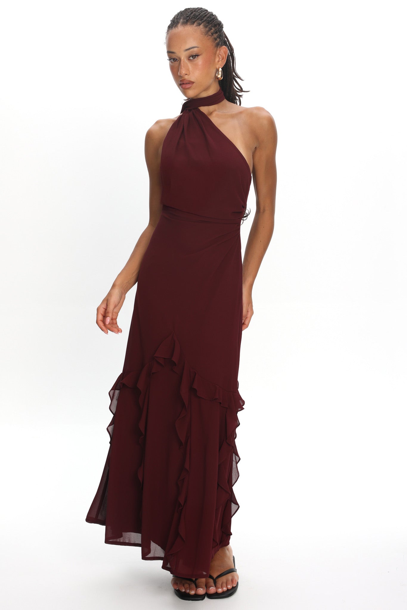 Lorielle One-Shoulder Ruffle Trim Maxi Dress Wine