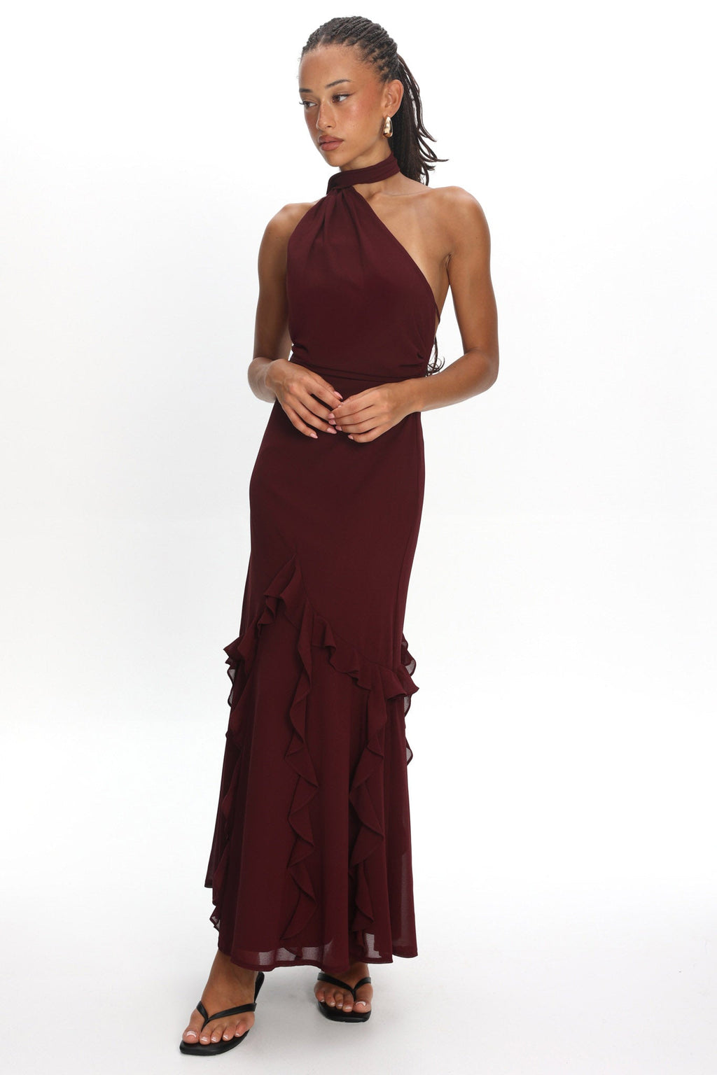 Lorielle One-Shoulder Ruffle Trim Maxi Dress Wine