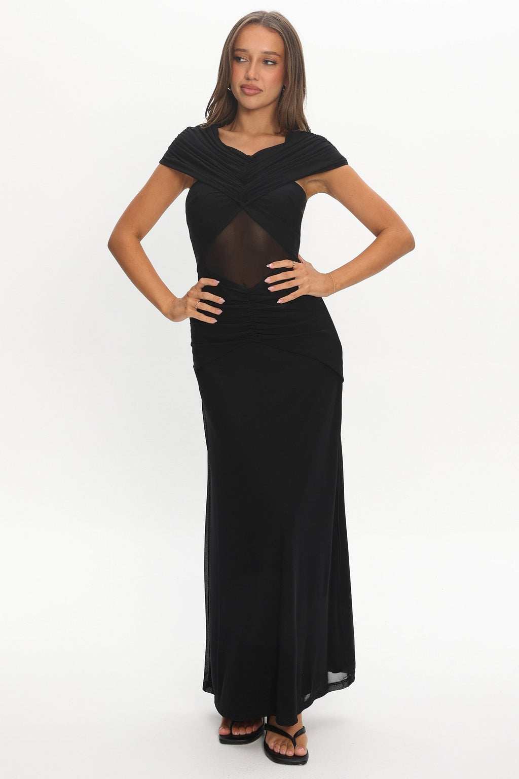Reba Sheer Waist Ruched Maxi Waist Black