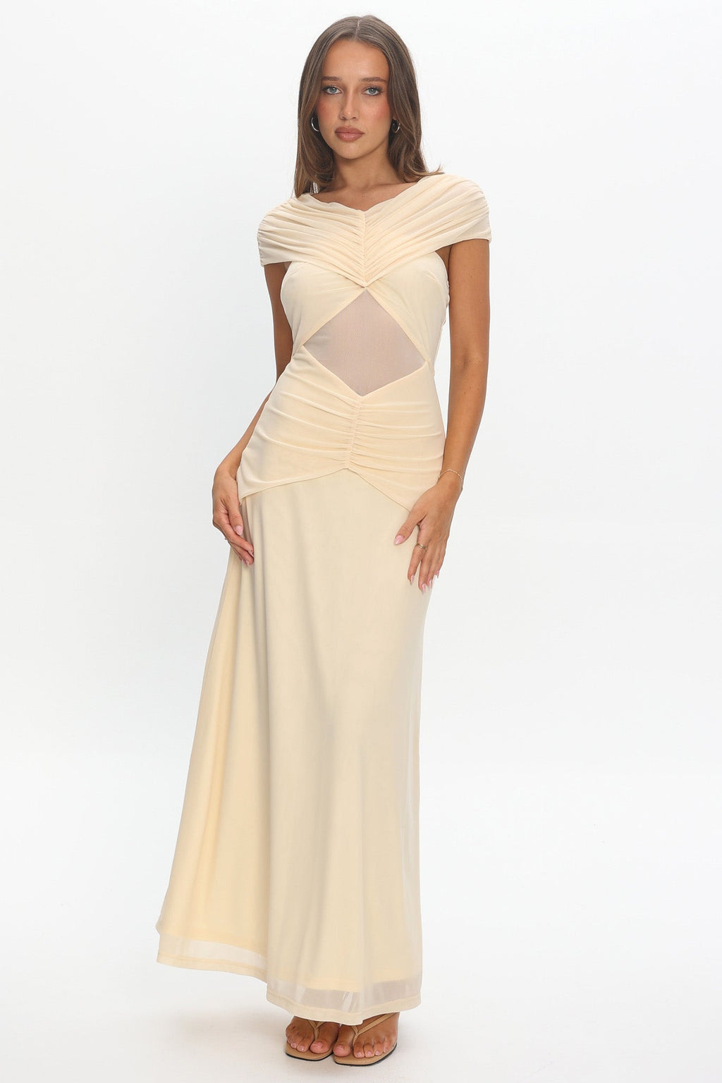 Reba Sheer Waist Ruched Maxi Waist Cream