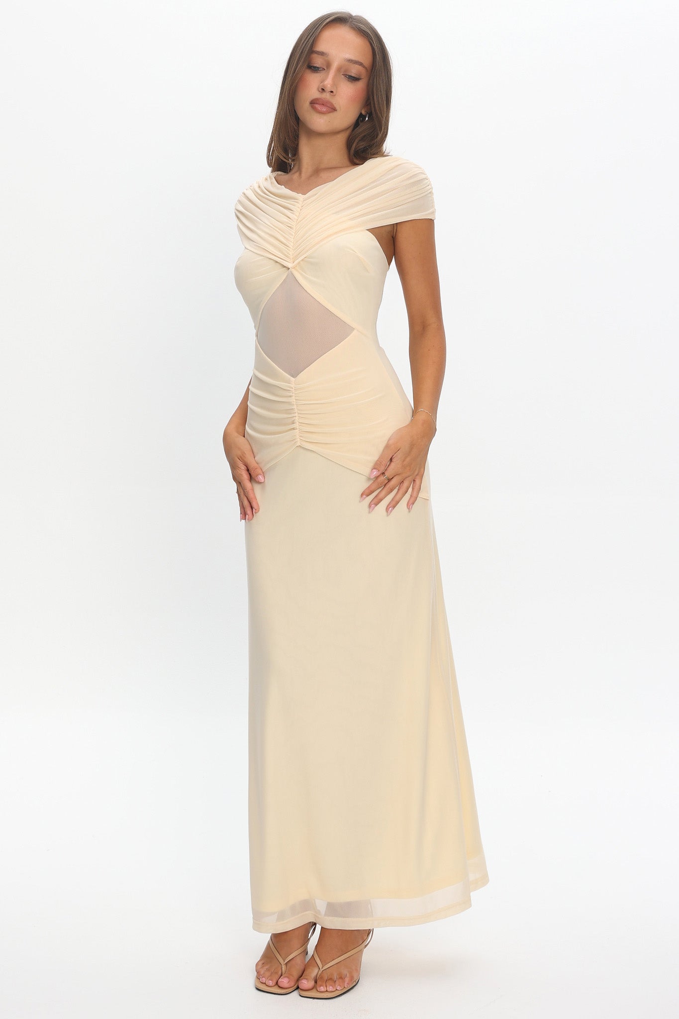 Reba Sheer Waist Ruched Maxi Waist Cream