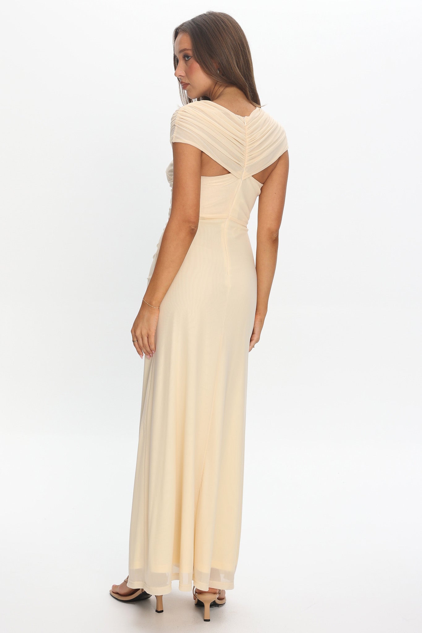 Reba Sheer Waist Ruched Maxi Waist Cream