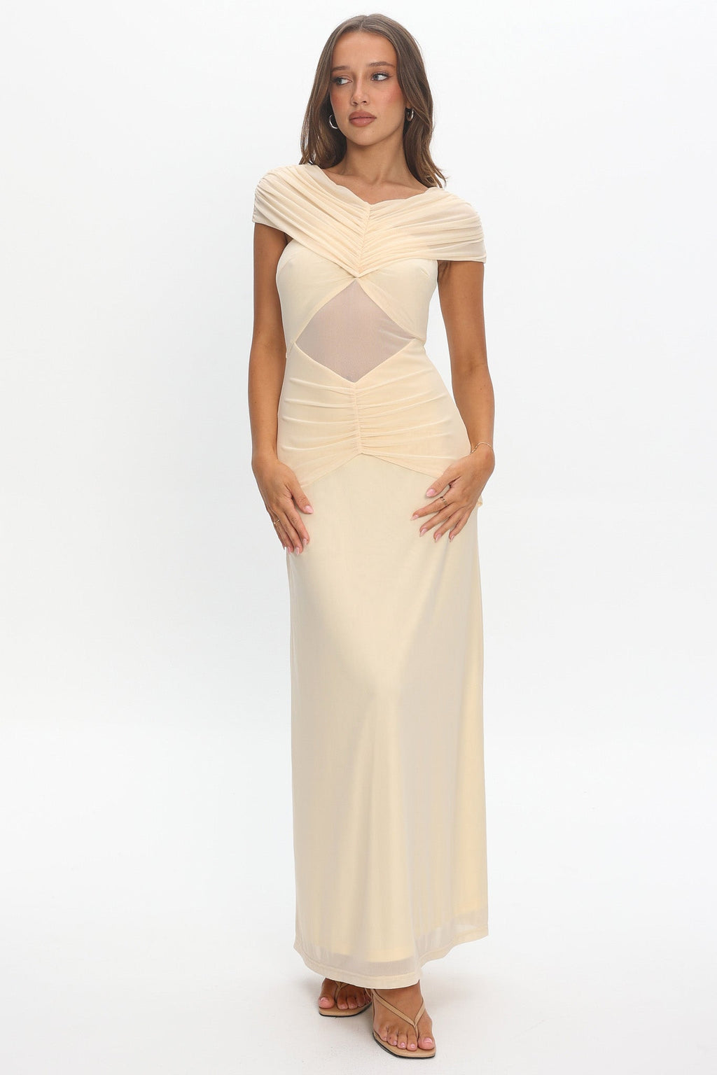 Reba Sheer Waist Ruched Maxi Waist Cream