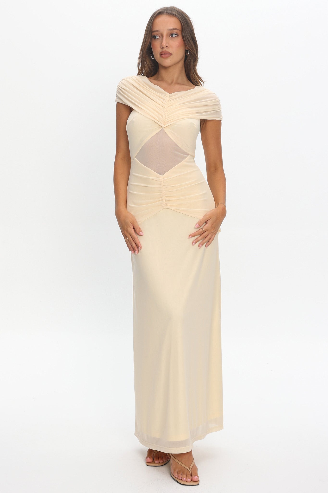 Reba Sheer Waist Ruched Maxi Waist Cream
