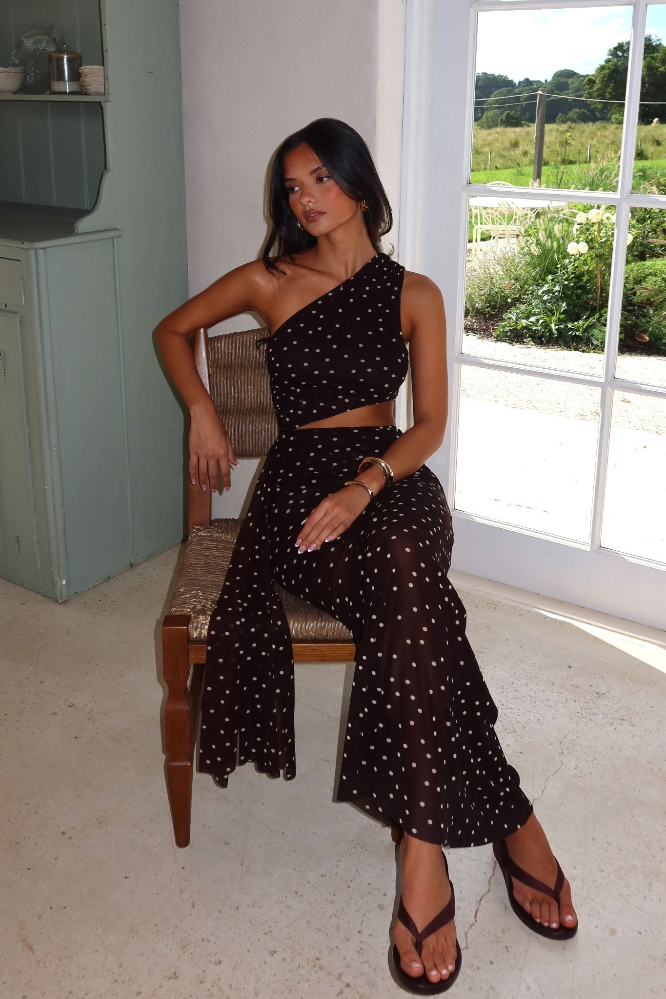 Viela One-Shoulder Cut-Out Maxi Dress Polka Dot Brown