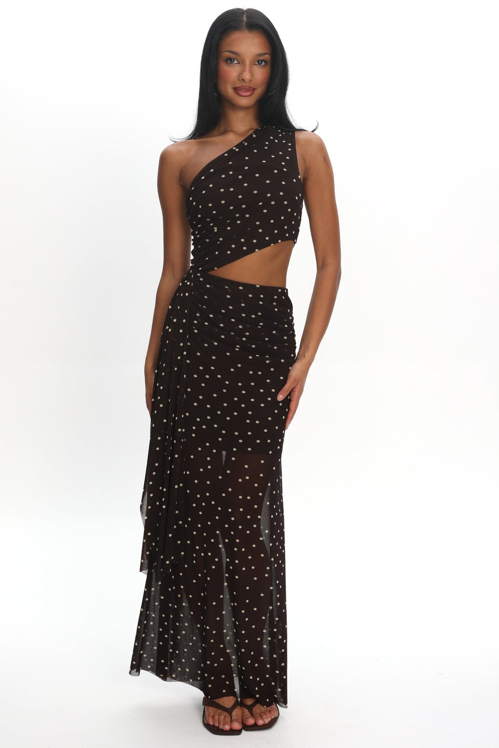 Viela One-Shoulder Cut-Out Maxi Dress Polka Dot Brown