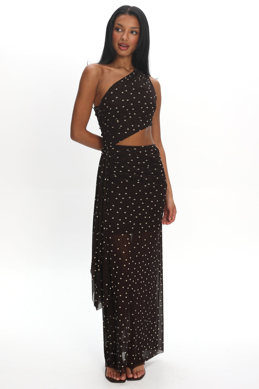 Viela One-Shoulder Cut-Out Maxi Dress Polka Dot Brown