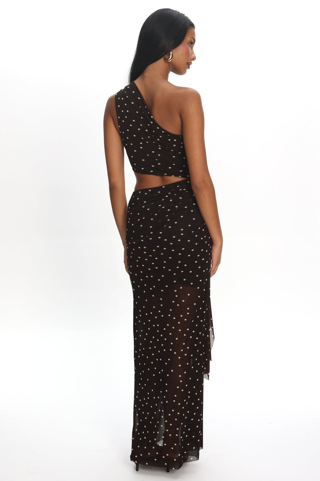 Viela One-Shoulder Cut-Out Maxi Dress Polka Dot Brown
