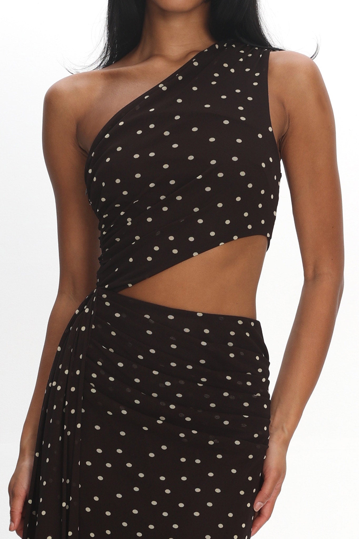 Viela One-Shoulder Cut-Out Maxi Dress Polka Dot Brown