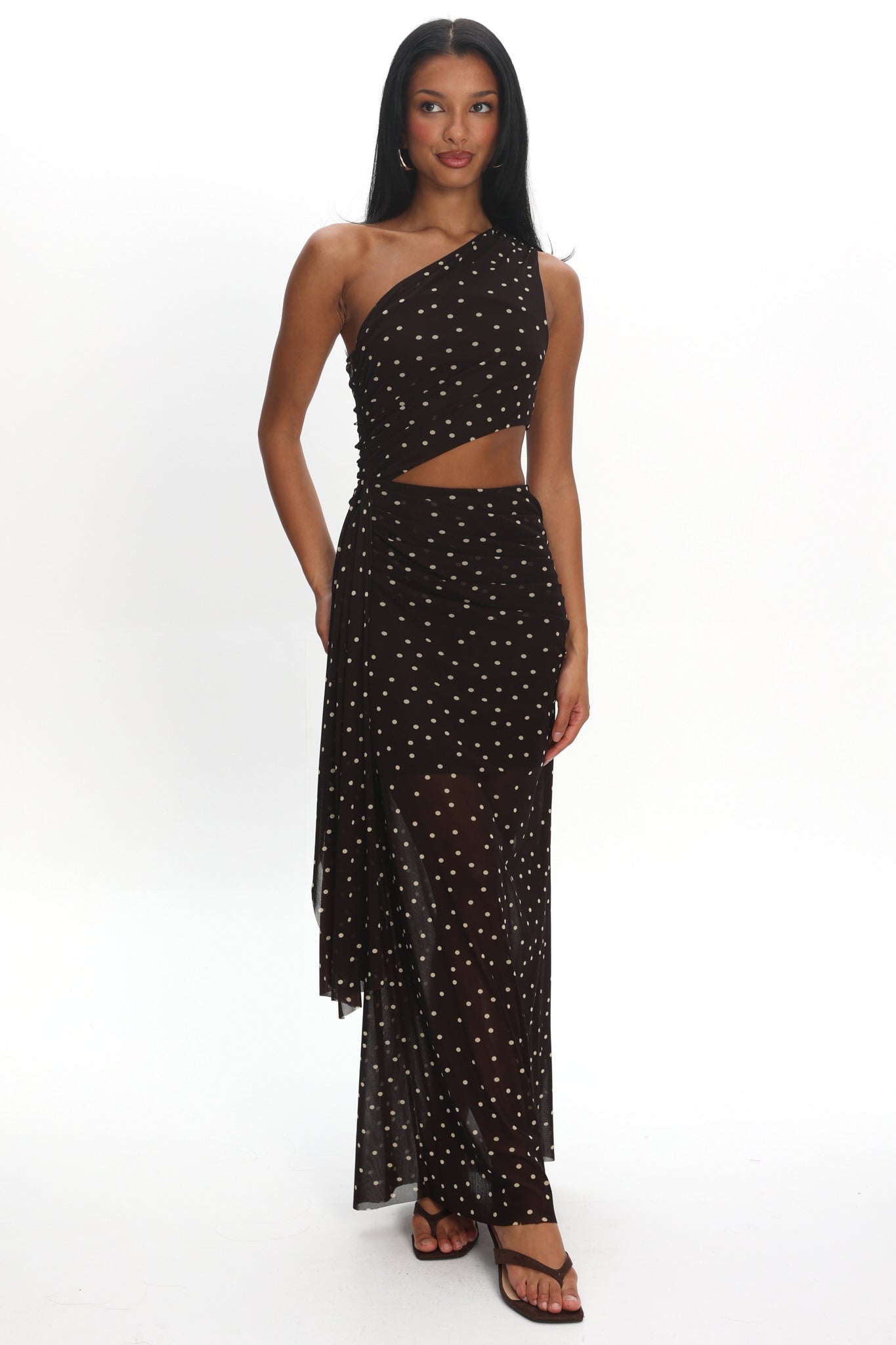 Viela One-Shoulder Cut-Out Maxi Dress Polka Dot Brown