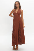 Claudette Halterneck Lace Trim Maxi Dress Chocolate