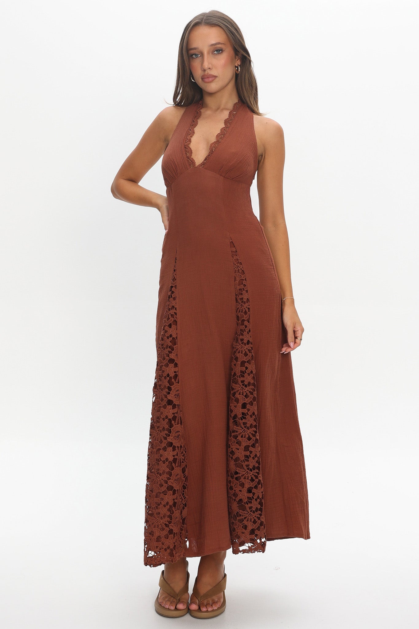 Claudette Halterneck Lace Trim Maxi Dress Chocolate
