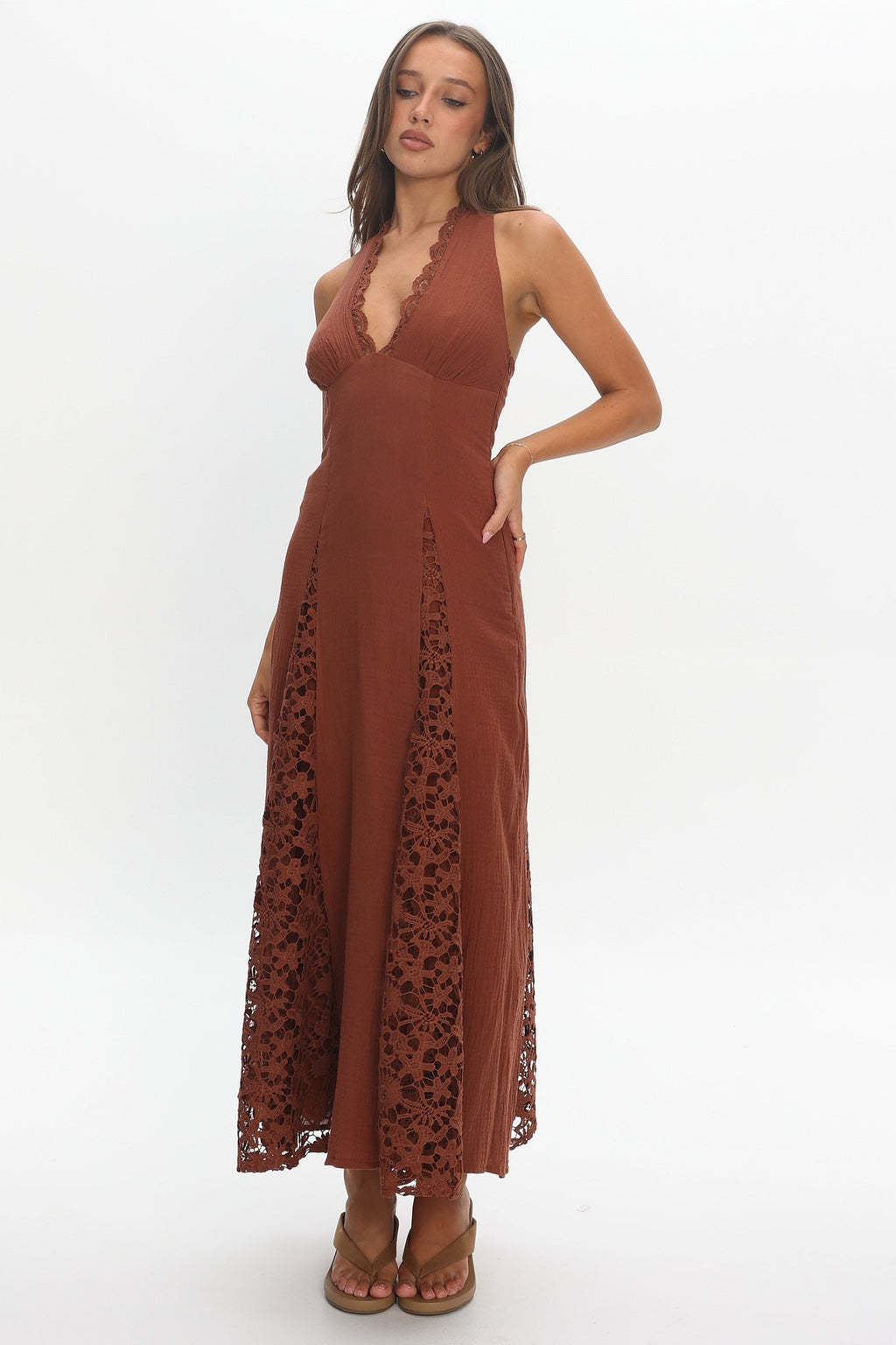 Claudette Halterneck Lace Trim Maxi Dress Chocolate