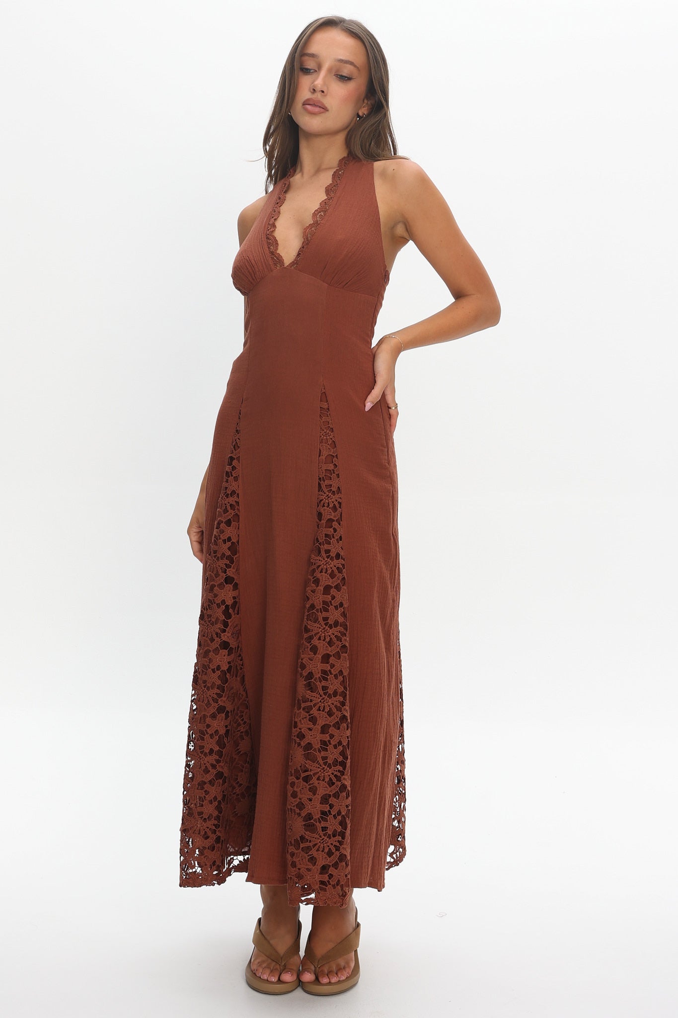 Claudette Halterneck Lace Trim Maxi Dress Chocolate