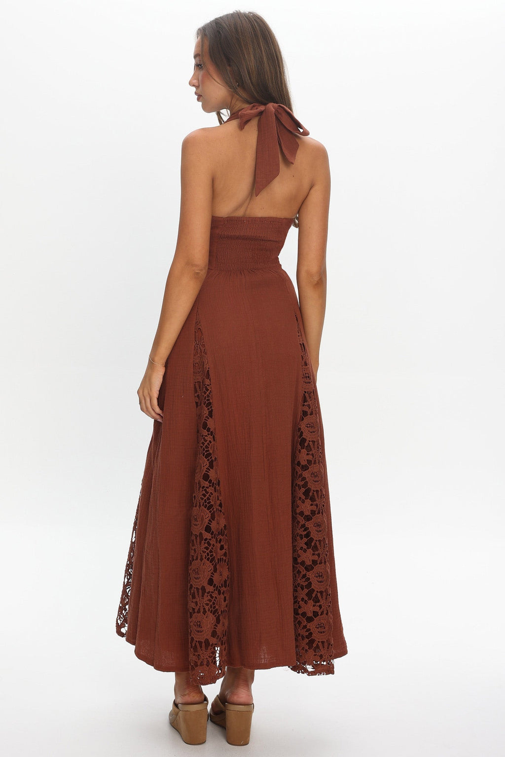 Claudette Halterneck Lace Trim Maxi Dress Chocolate