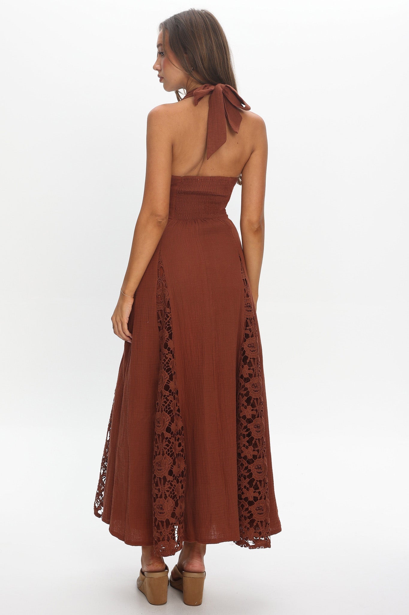 Claudette Halterneck Lace Trim Maxi Dress Chocolate