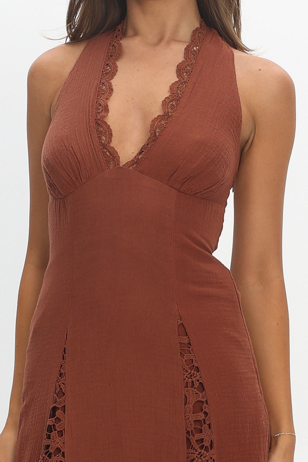 Claudette Halterneck Lace Trim Maxi Dress Chocolate