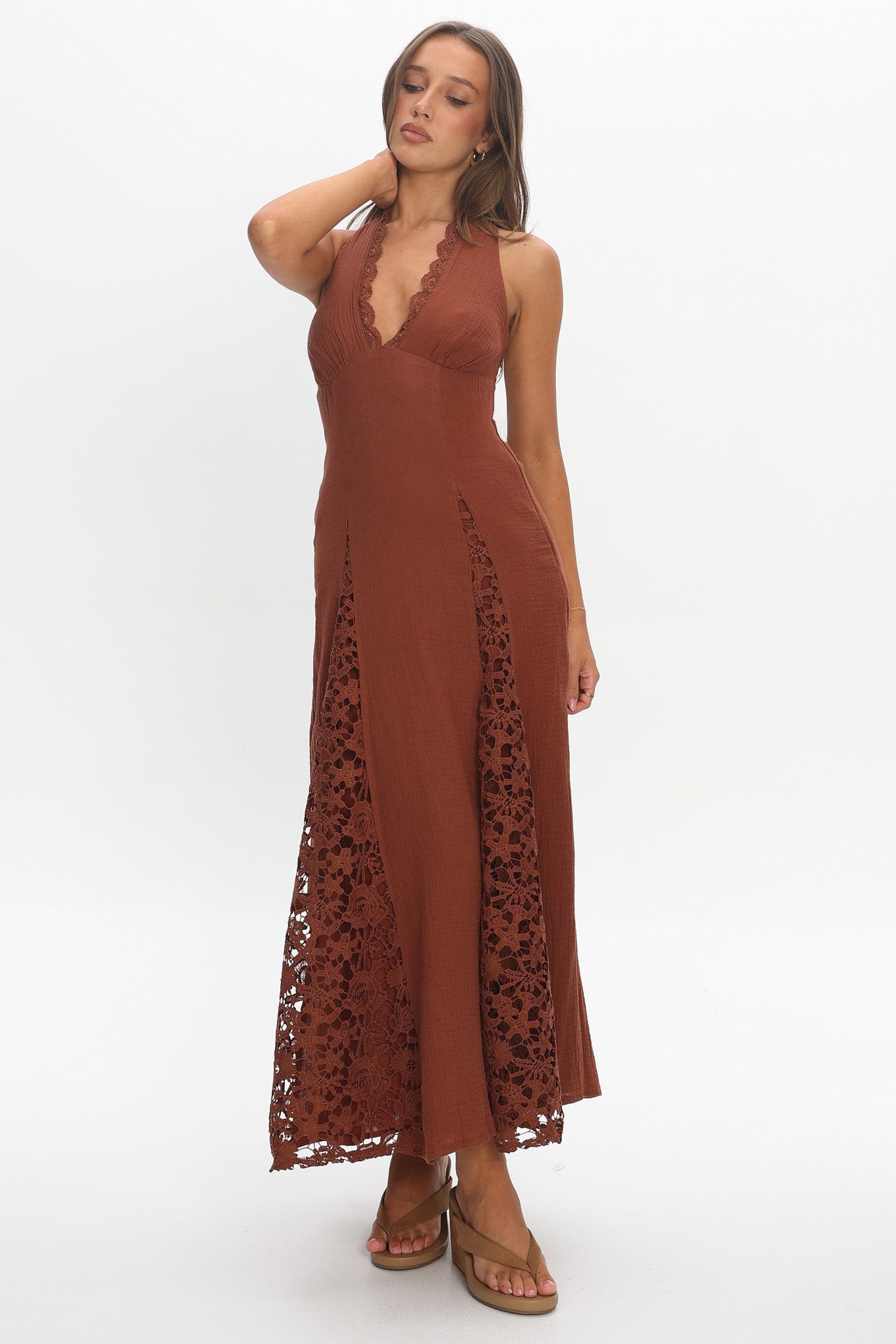 Claudette Halterneck Lace Trim Maxi Dress Chocolate