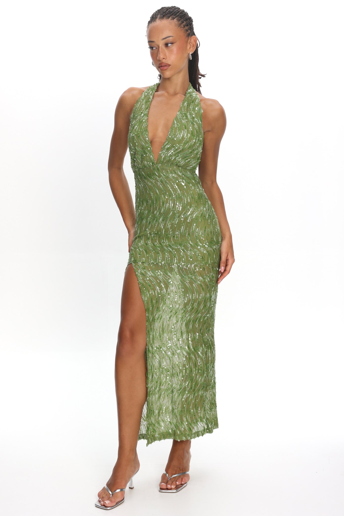Sharisa High Slit Halter Maxi Dress Green
