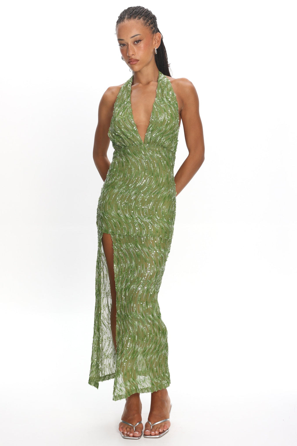 Sharisa High Slit Halter Maxi Dress Green