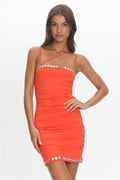 Denia Button Trim Ruched Mini Dress Tangerine