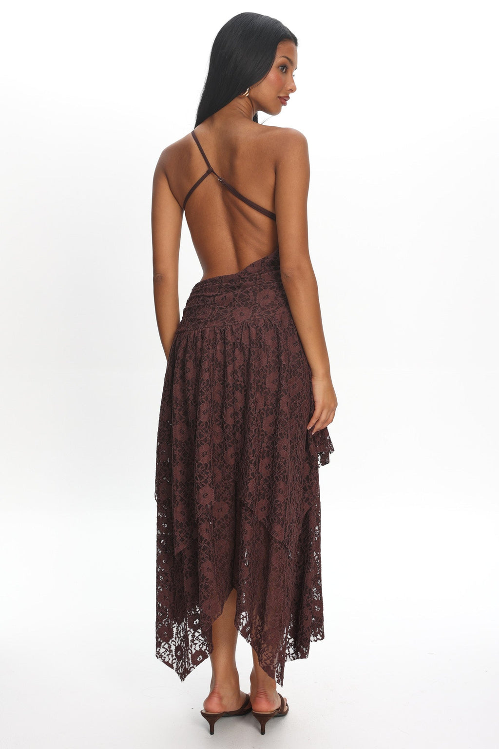 Call Back Cut-Out Waist Midi Dress Lace Chocolate