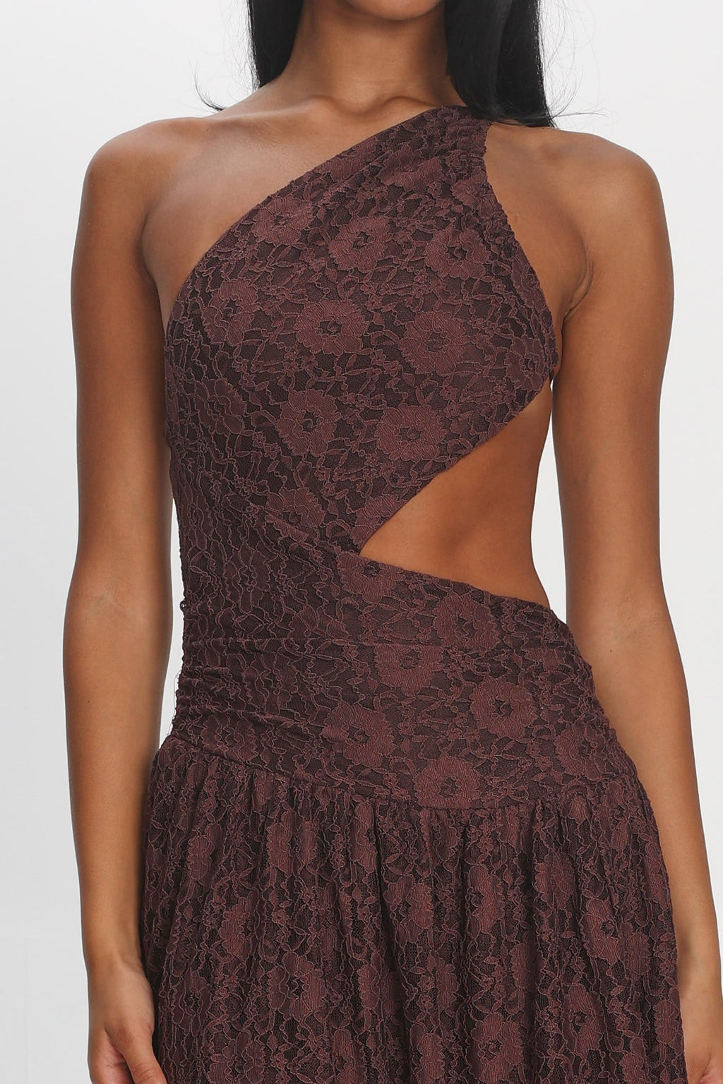 Call Back Cut-Out Waist Midi Dress Lace Chocolate