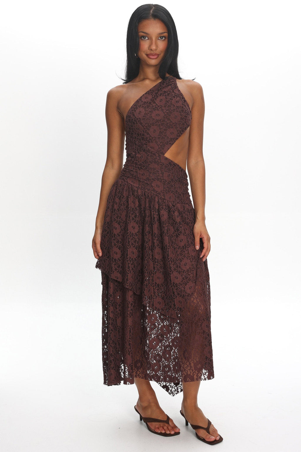 Call Back Cut-Out Waist Midi Dress Lace Chocolate