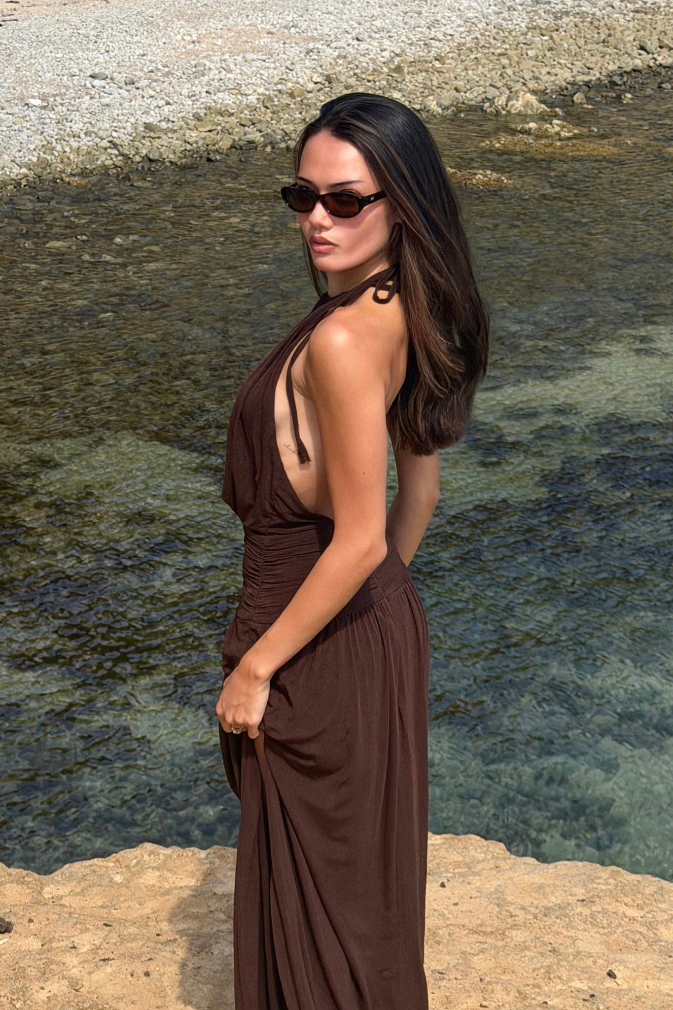 Entangled Backless Halter Maxi Dress Chocolate