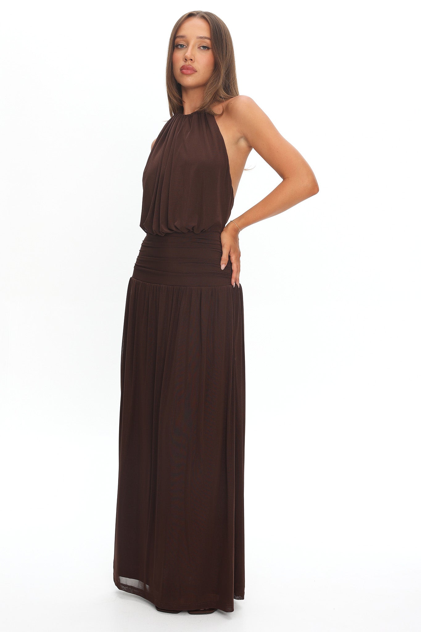 Entangled Backless Halter Maxi Dress Chocolate