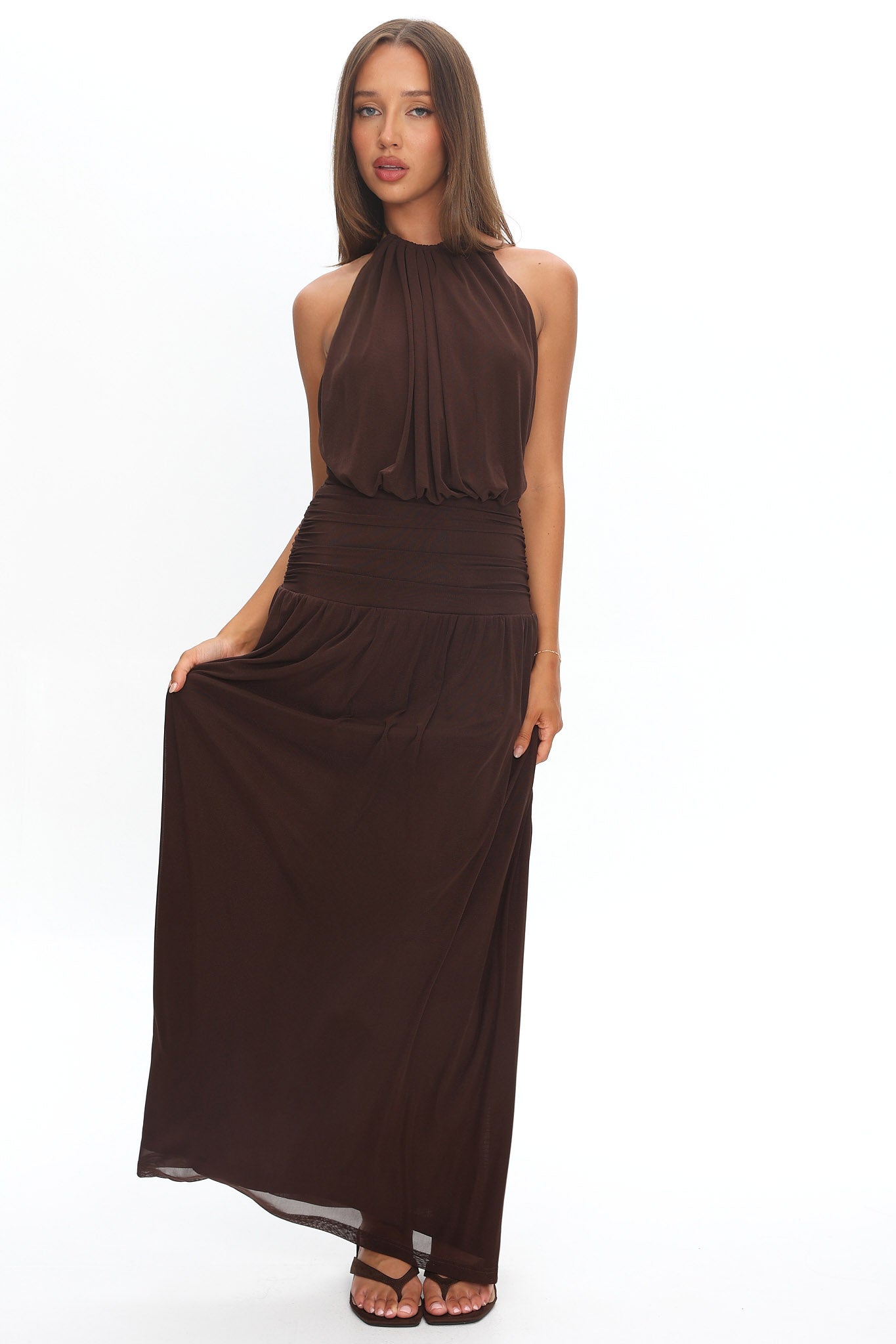 Entangled Backless Halter Maxi Dress Chocolate