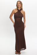 Karmella Ruched Halterneck Maxi Dress Chocolate