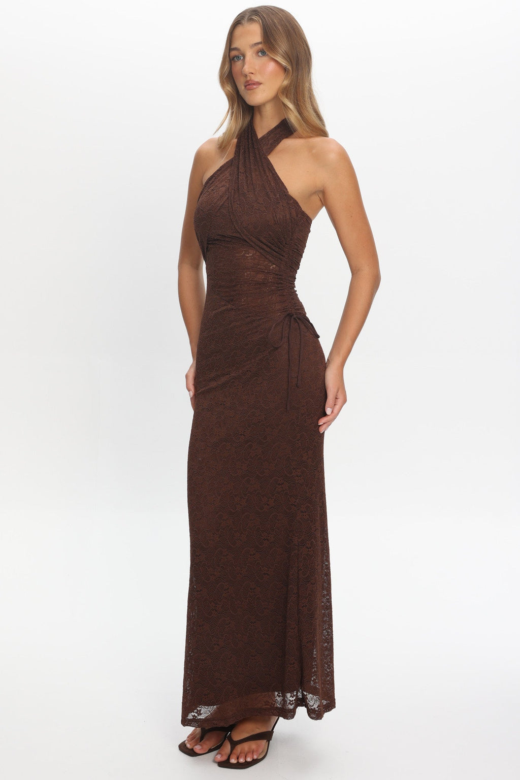 Karmella Ruched Halterneck Maxi Dress Chocolate