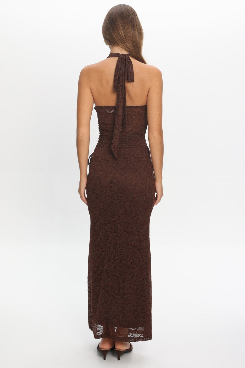 Karmella Ruched Halterneck Maxi Dress Chocolate