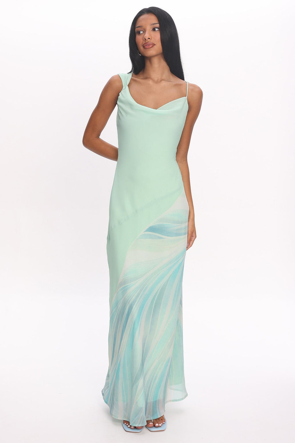 Astoria Asymmetric Cowl Neckline Maxi Dress Abstract Mint