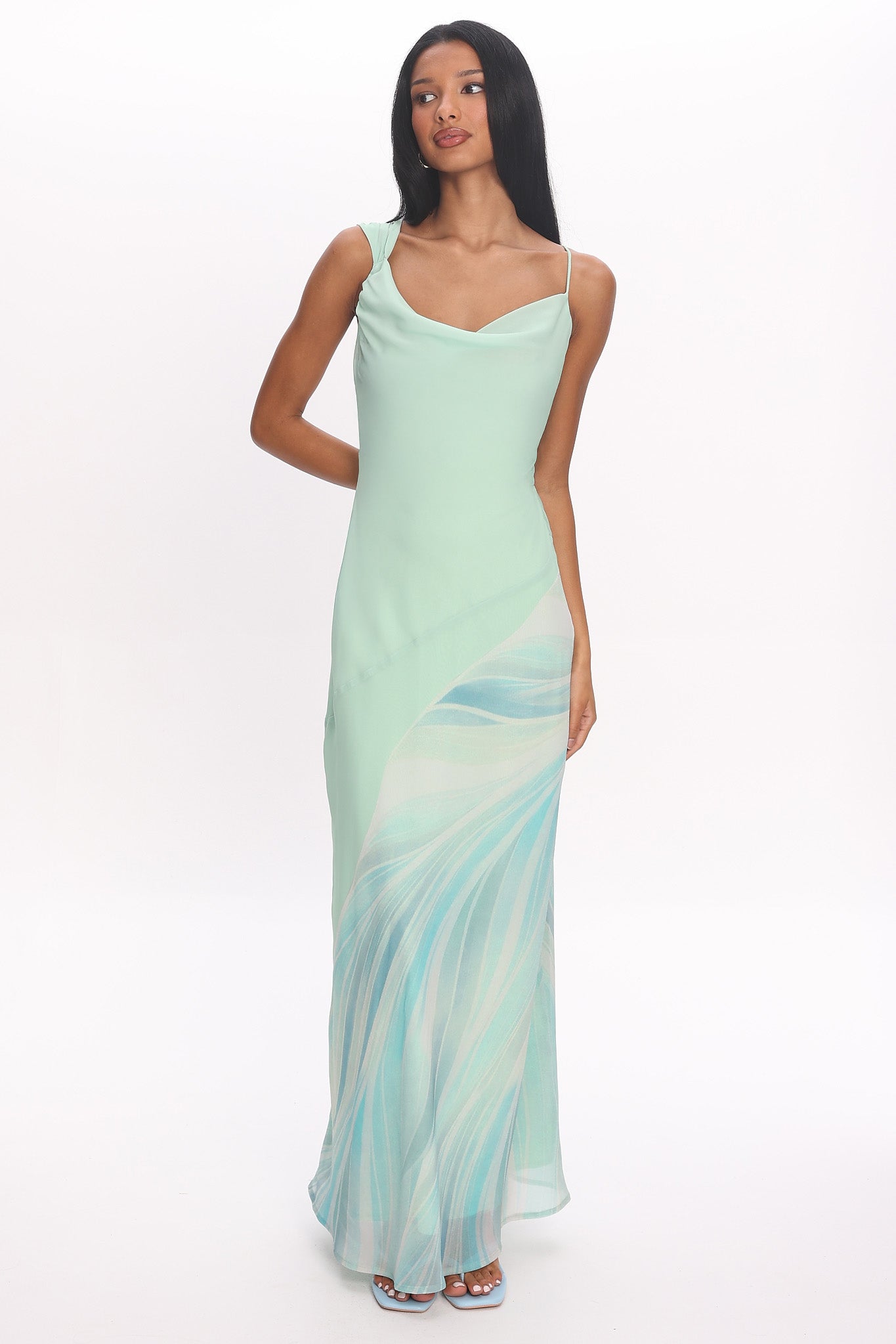 Astoria Asymmetric Cowl Neckline Maxi Dress Abstract Mint