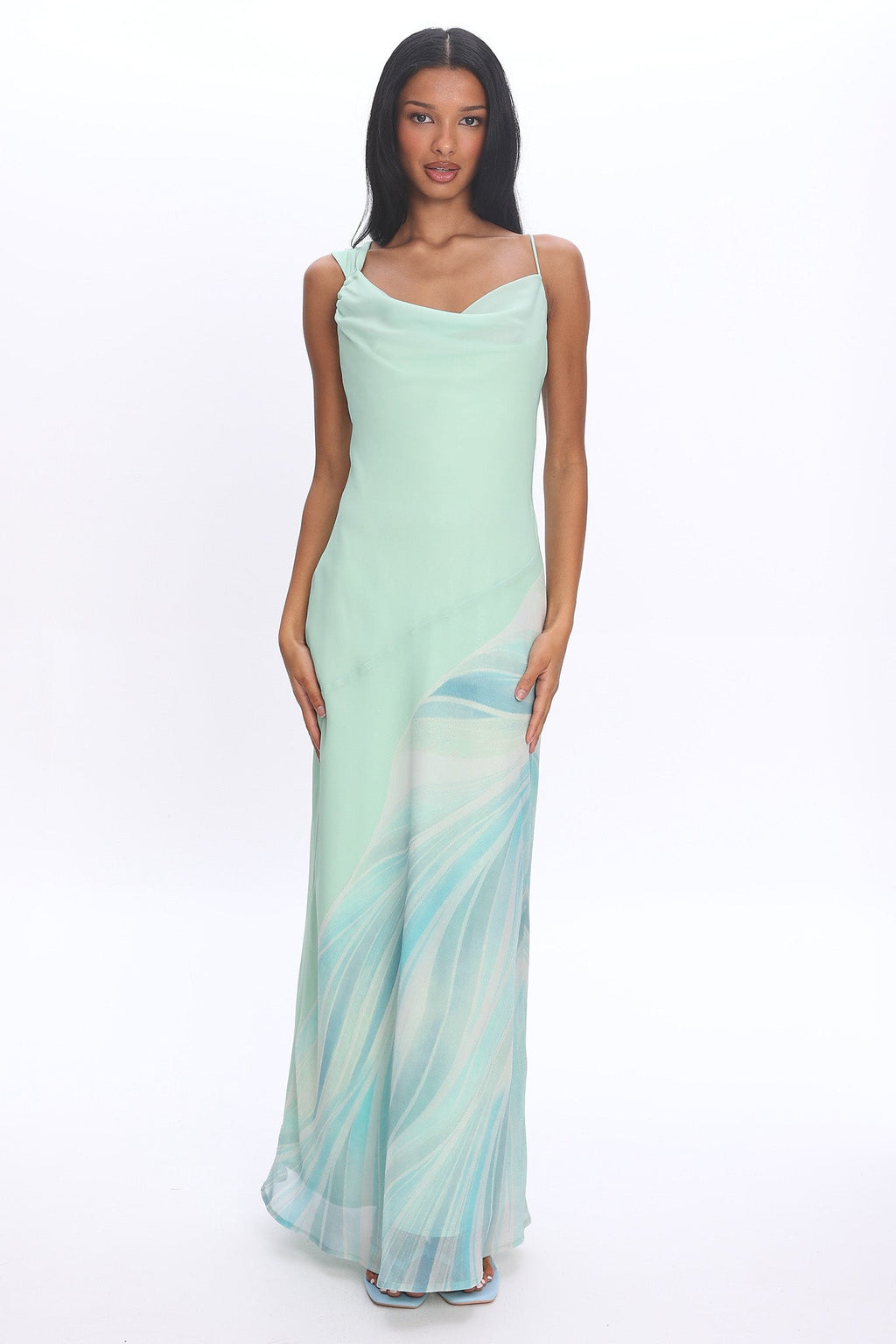 Astoria Asymmetric Cowl Neckline Maxi Dress Abstract Mint