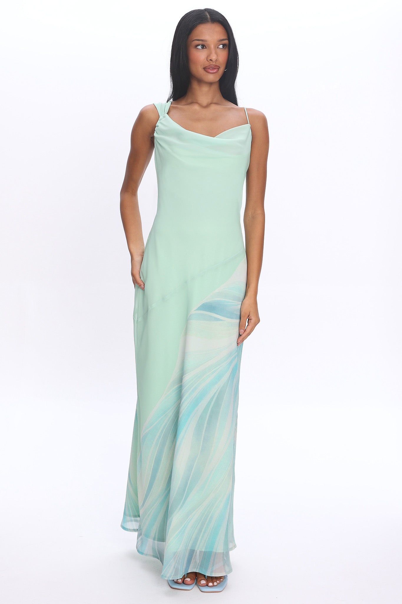 Astoria Asymmetric Cowl Neckline Maxi Dress Abstract Mint